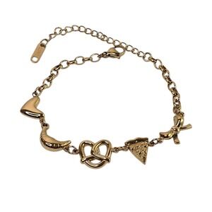 Food Charm Bracelet Croissant Pretzel Pizza Heart Adjustable 18K Gold‎  Plated